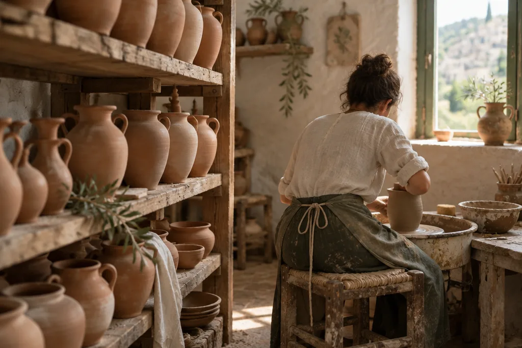 L'interno della bottega con scaffali di pezzi crudi e una persona di spalle al lavoro
