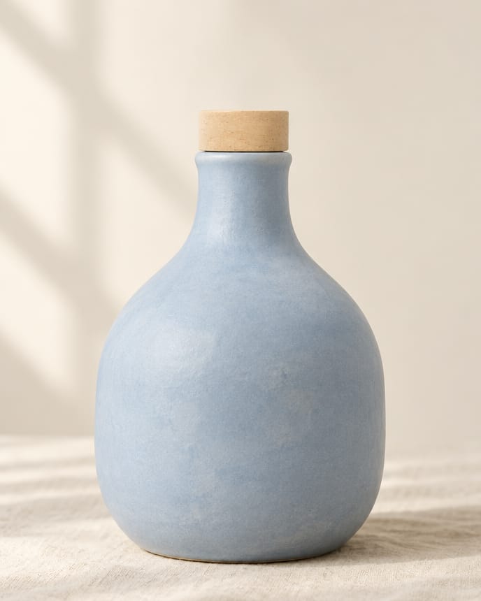 Oliera Cielo: bottiglia in ceramica smaltata azzurro polvere opaco, tappo in legno