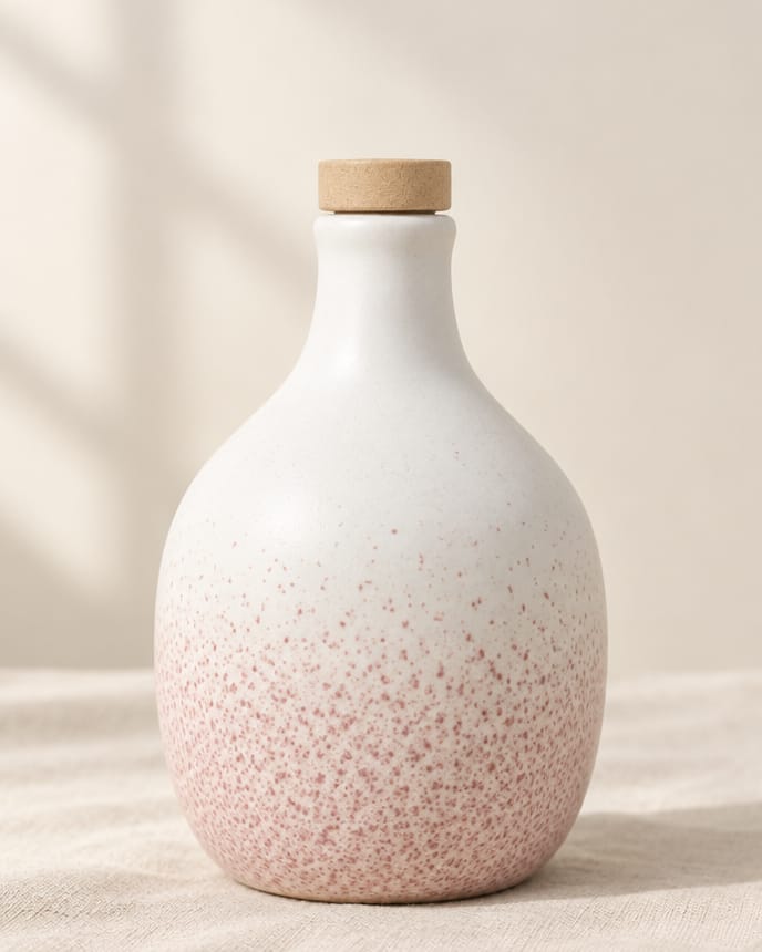 Oliera Mandorlo: bottiglia in ceramica bianca con spruzzi rosa sulla metà inferiore, tappo in legno