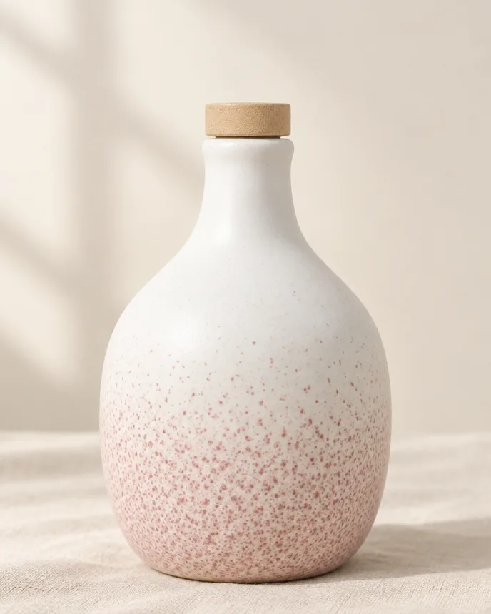 Oliera Mandorlo: bottiglia in ceramica bianca con spruzzi rosa sulla metà inferiore, tappo in legno