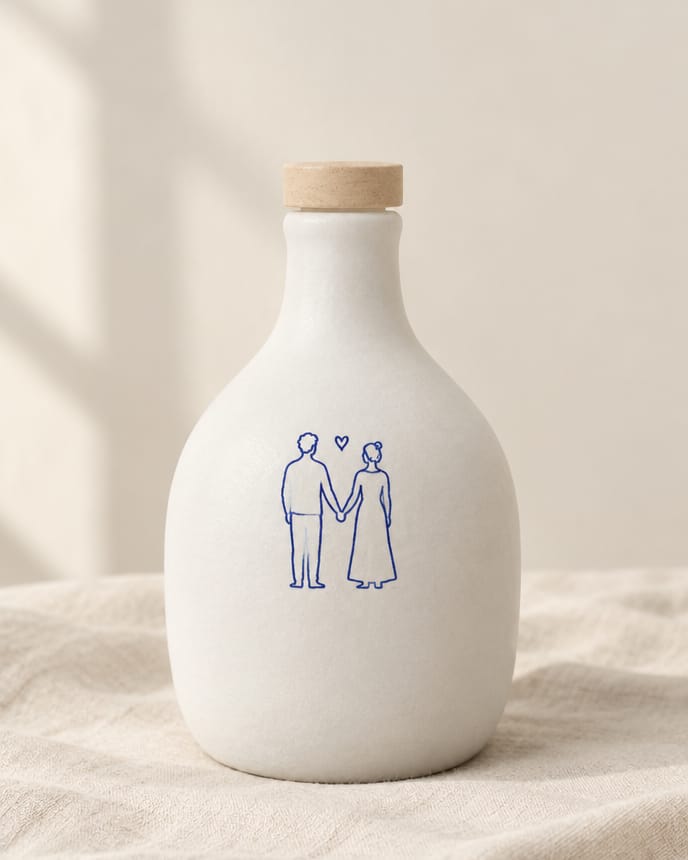 Oliera Ritratto: bottiglia in ceramica bianca con un disegno a linea di una coppia in blu, tappo in legno