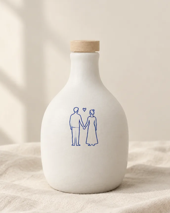 Oliera Ritratto: bottiglia in ceramica bianca con un disegno a linea di una coppia in blu, tappo in legno