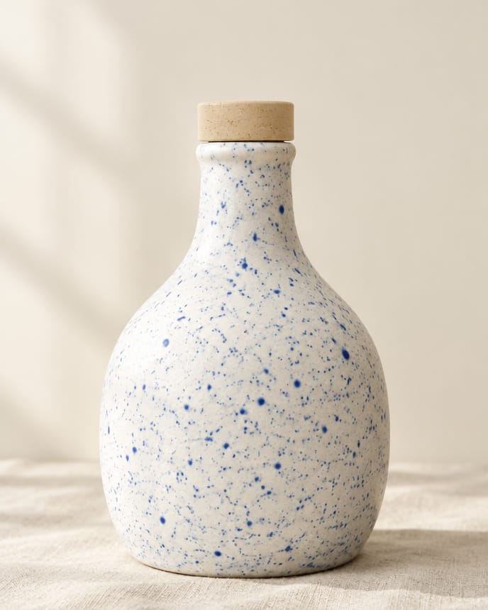 Oliera Spuma: bottiglia in ceramica bianca con spruzzi blu cobalto, tappo in legno