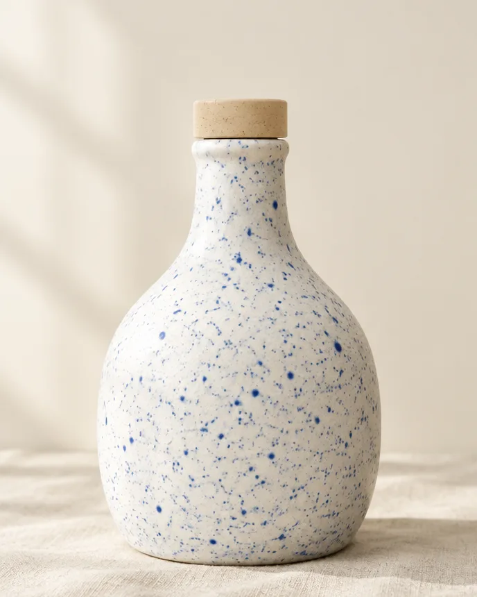 Oliera Spuma: bottiglia in ceramica bianca con spruzzi blu cobalto, tappo in legno
