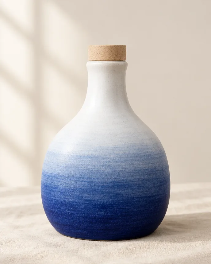 Orcio Marea: bottiglia in ceramica con smalto che sfuma dal bianco al blu, tappo in legno