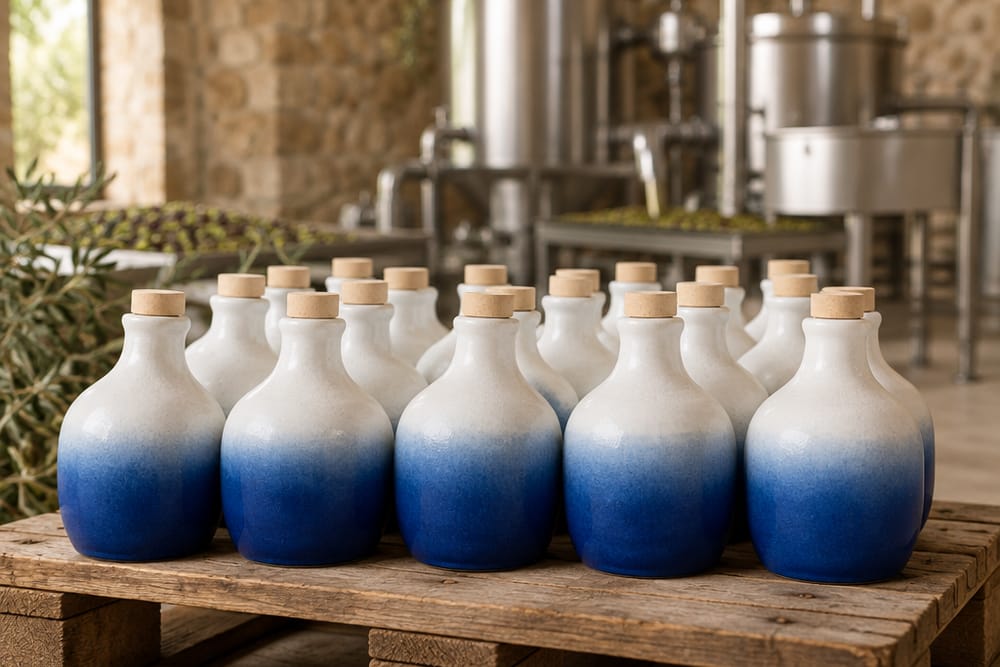 File di orci sfumati dal bianco al blu, tutti uguali, su un pallet di legno dentro un frantoio