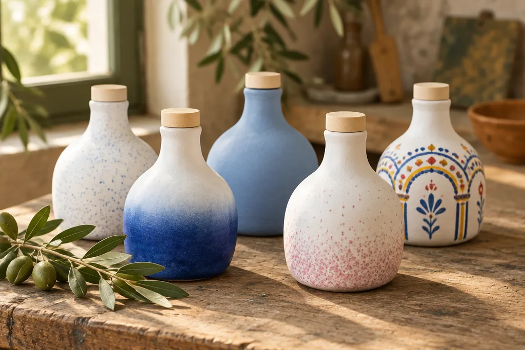 Cinque orci in ceramica su un banco di legno: sfumato blu, azzurro, spruzzato, rosa e luminarie, con un ramo d'ulivo