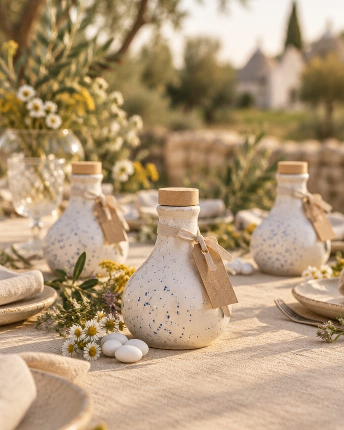 Tavola di nozze in lino con piccole oliere spruzzate di blu legate con un nastro, confetti e fiori